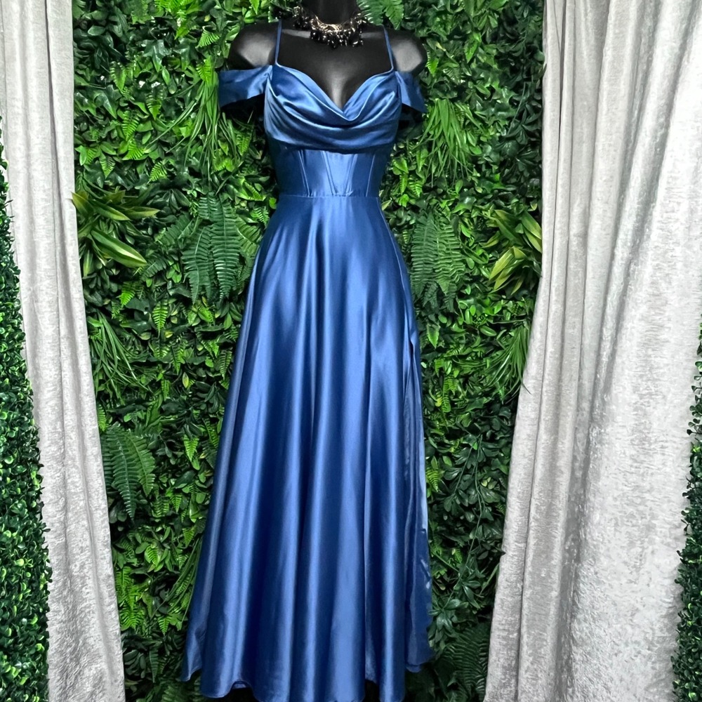 Windsor Satin Off-Shoulder Prom Gown in Blue - Picture 3 of 8